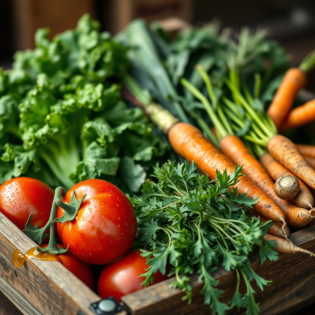 A close-up, photorealistic image of freshly harvested organic vegetables in a wooden crate. The vegetables are vibrant in color, including ripe tomatoes, crisp lettuce, and earthy carrots. Dewdrops glisten on the produce, conveying freshness. The background is blurred to focus attention on the vegetables. The lighting is natural and soft, enhancing the textures and colors. The overall style is rustic and wholesome, emphasizing the natural beauty of the organic produce. The camera angle is slightly low, highlighting the abundance and quality.