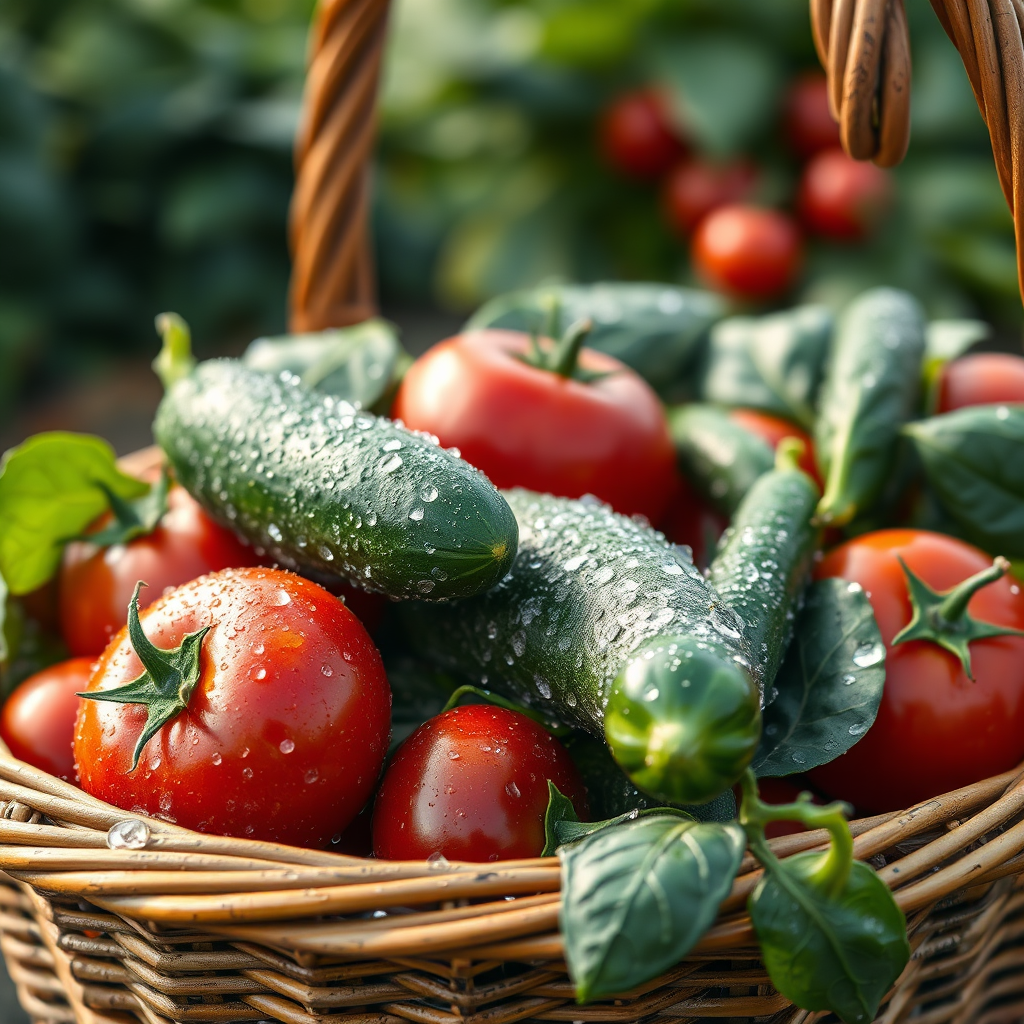 A close-up, photorealistic image of dew-kissed, freshly harvested vegetables – tomatoes, cucumbers, and spinach – filling a wicker basket. Focus on the textures, colors, and details of the produce. Soft, natural lighting emphasizes the freshness. The background should be a blurred farm scene.
