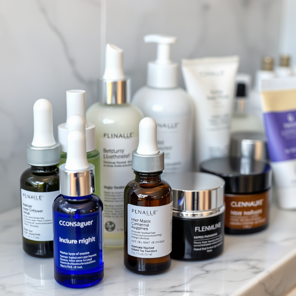 A close-up, photorealistic image of various skincare products displayed on a counter, including serums, creams, and masks. Soft, diffused lighting, focus on the textures and ingredients.