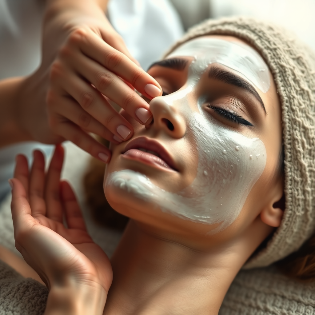 A close-up, photorealistic image capturing the hands of a beauty therapist gently applying a facial mask to a woman's face. The woman's eyes are closed, and a peaceful expression is visible. The lighting is soft and diffused, highlighting the texture of the skin and the cream. Background is blurred, suggesting a tranquil spa setting. Color palette is muted and calming, with a focus on natural tones and soft greens. The scene should convey a sense of trust, care, and rejuvenation. Style reference: modern wellness photography with a touch of Ayurveda. 4K resolution, high quality.