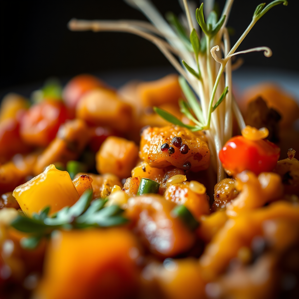 A close-up, photorealistic image of an award-winning dish prepared by Meghana Cooking & Catering. The focus should be on the intricate details and vibrant colors of the ingredients. Lighting should be dramatic, highlighting the textures and creating a sense of depth. The camera angle should be extremely close, showcasing the artistry and culinary skill involved. The color palette should be rich and inviting. Props could include a delicate garnish or a touch of culinary artistry.