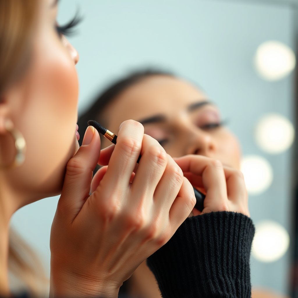 A close-up, photorealistic image of a beauty expert's hand expertly applying makeup on a client. Focus on detail and precision. Soft, diffused lighting.