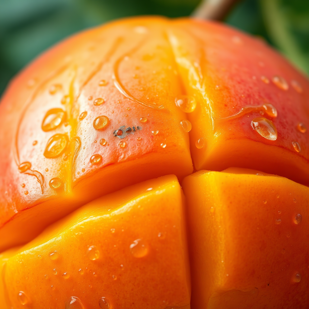 A close-up, photorealistic image of a perfectly ripe mango with glistening droplets of water. Focus on the vibrant colors and textures. Soft, natural lighting to emphasize the quality.