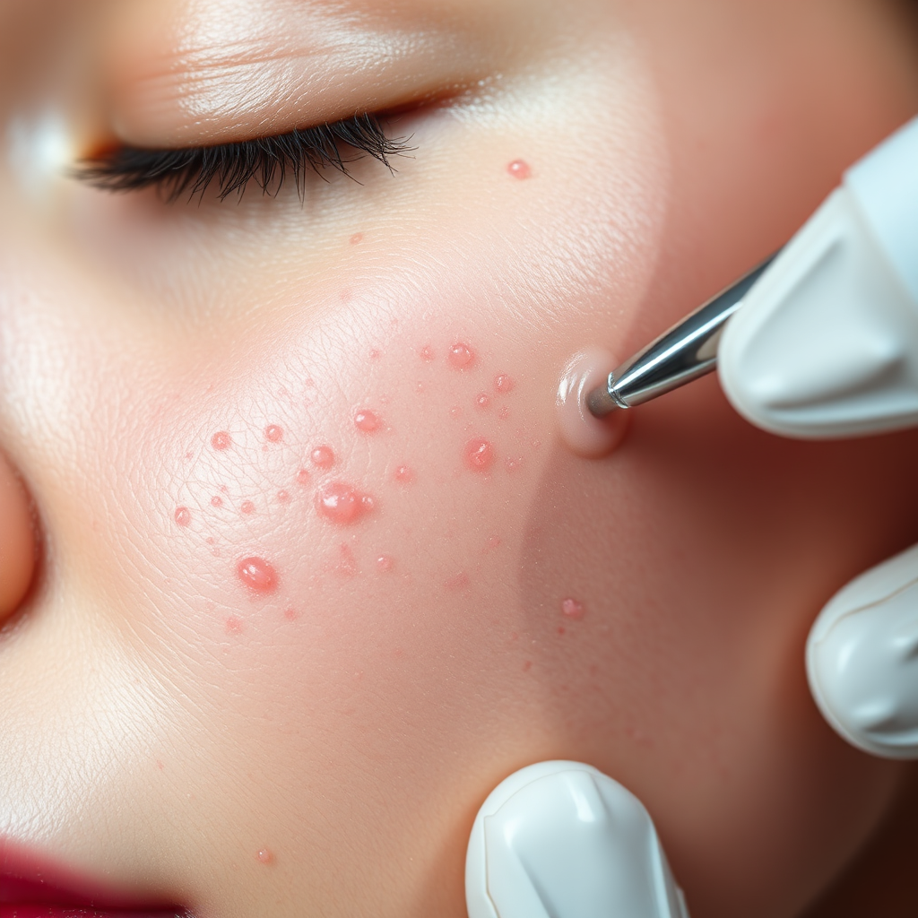 A close-up photorealistic image of skin with acne being treated. The focus is on the acne clearing and the skin becoming smoother and healthier. The lighting should be bright and clinical, highlighting the treatment in action. The color palette should be clean and sterile, with white, silver, and blue tones. Style reference: Dermatological study. Technical specs: 4K resolution, macro photography.