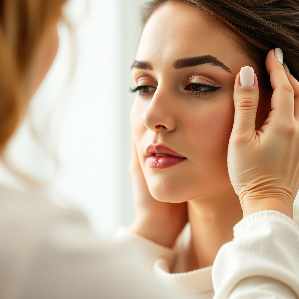 A close-up shot of a beautician carefully analyzing a client's skin during a consultation. The lighting is soft and focused, highlighting the attention to detail and personalized approach. The color palette is warm and inviting, with shades of beige, cream, and gold. The image conveys the idea of customized beauty solutions and expert care.