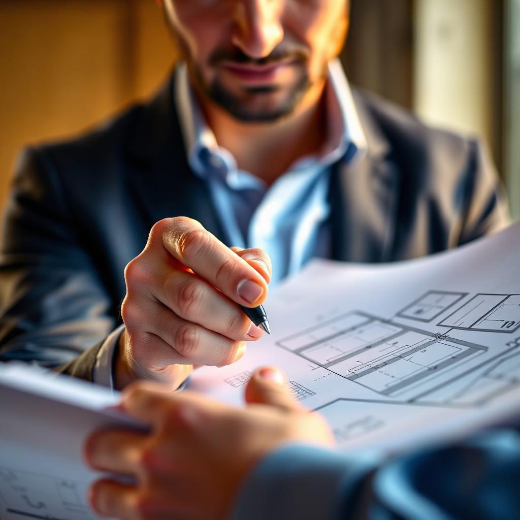 A close-up shot of a consultant pointing at a blueprint with a pen, emphasizing attention to detail and expertise. Use warm, inviting lighting to create a sense of trust. 4K, photorealistic.