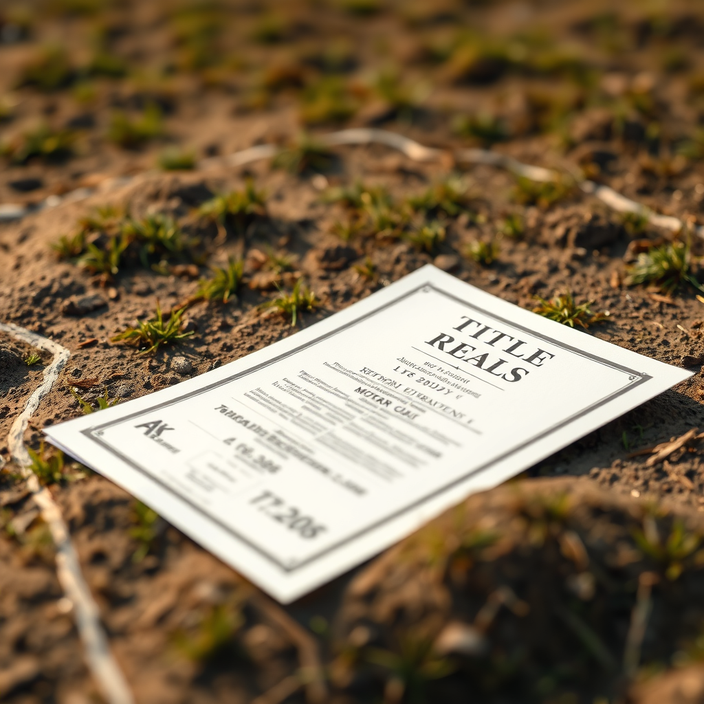 A close-up shot of a land plot with clear demarcation and a title document placed on top, emphasizing legitimacy. Warm, natural lighting. 4K, photorealistic.