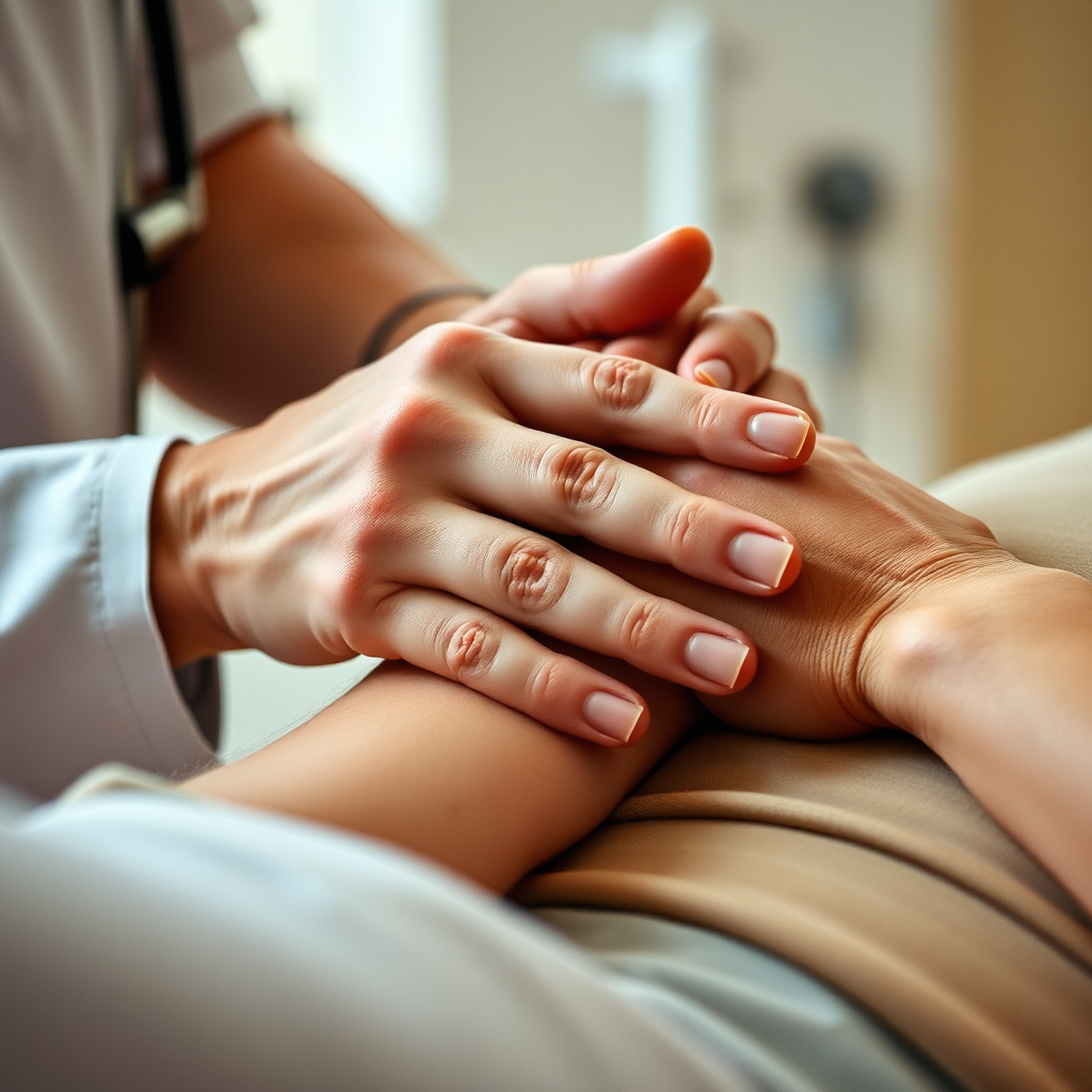 A close-up shot of a skilled physiotherapist gently manipulating a patient's joint during a rehabilitation session. Focus on the precision and care involved. The lighting should be soft and focused on the hands. Color palette: Warm, muted tones with a focus on skin tones. Camera angle: Close-up, emphasizing detail. Style: Gentle, caring medical imagery. Technical Specs: 4K, High-quality.