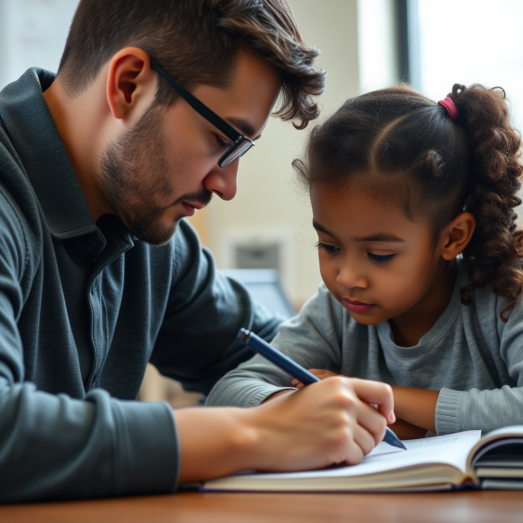 A close-up shot of a student working on a personalized learning plan with the guidance of a coach. The setting is a quiet study area with minimal distractions. The focus is on the individual's progress and development. Soft, focused lighting, close-up shot, 4K resolution.