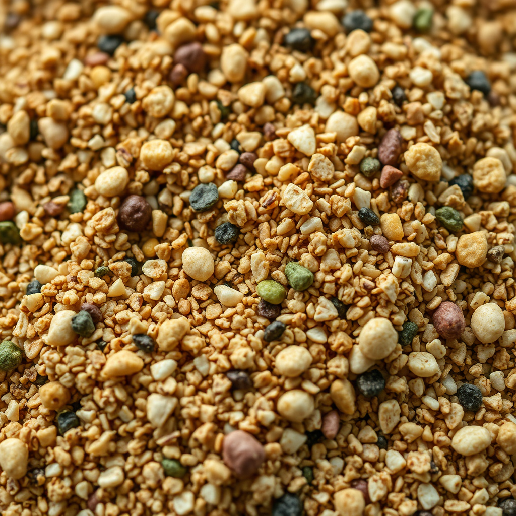 A close-up shot of granular organic fertilizer, highlighting the natural ingredients and texture. Soft, diffused light. 4K resolution.