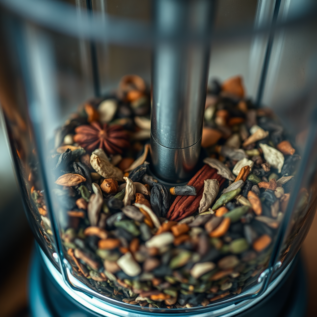 A close-up shot of various tea leaves and spices being expertly blended together in a traditional tea blending machine. The focus is on the textures and colors of the ingredients, highlighting the artistry of tea blending. Style: Photorealistic, food photography. Technical Specs: 4K resolution, macro lens, shallow depth of field.