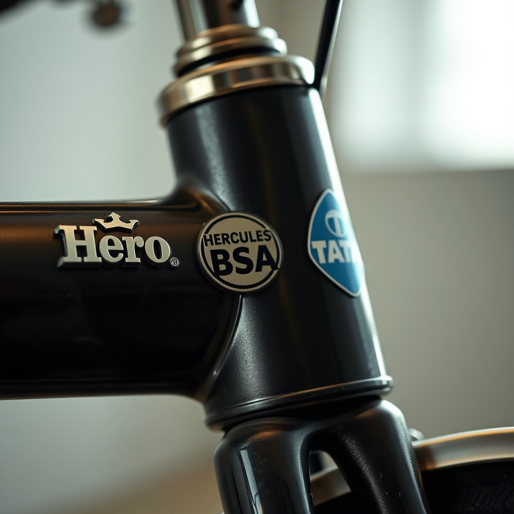 A close-up shot showcasing the logos of Hero, Hercules, BSA, and TATA cycles, subtly arranged on a high-quality cycle frame. The focus is on the craftsmanship of the frame and the prominence of the brand logos. The lighting should be soft and diffused, highlighting the details of the logos and the frame. Use a macro lens to capture the texture and finish of the materials. The background should be blurred, creating a sense of depth and focus. The overall style should be sophisticated and understated, conveying a sense of quality and prestige.