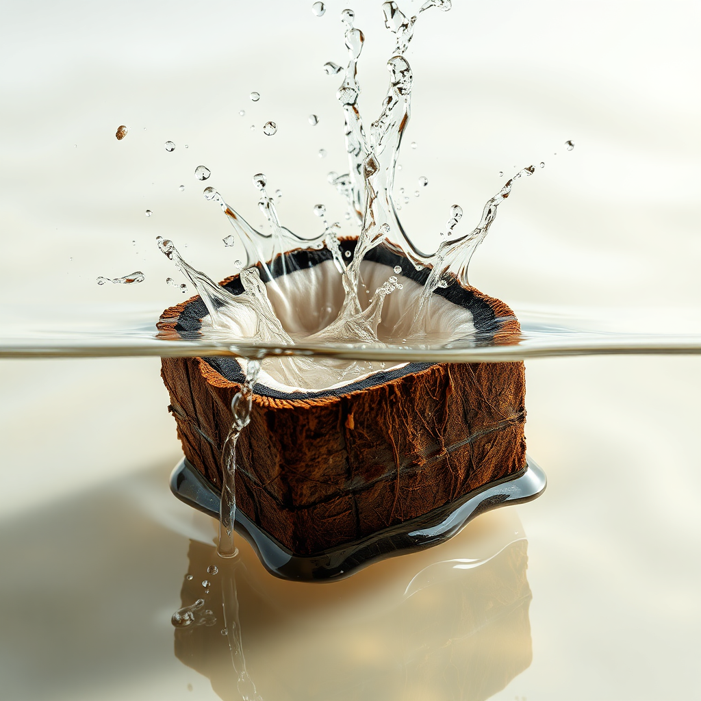 A cocopeat block expanding in water, showcasing its absorbent qualities. The image should be visually appealing and informative. Bright, clean lighting. 4K resolution.