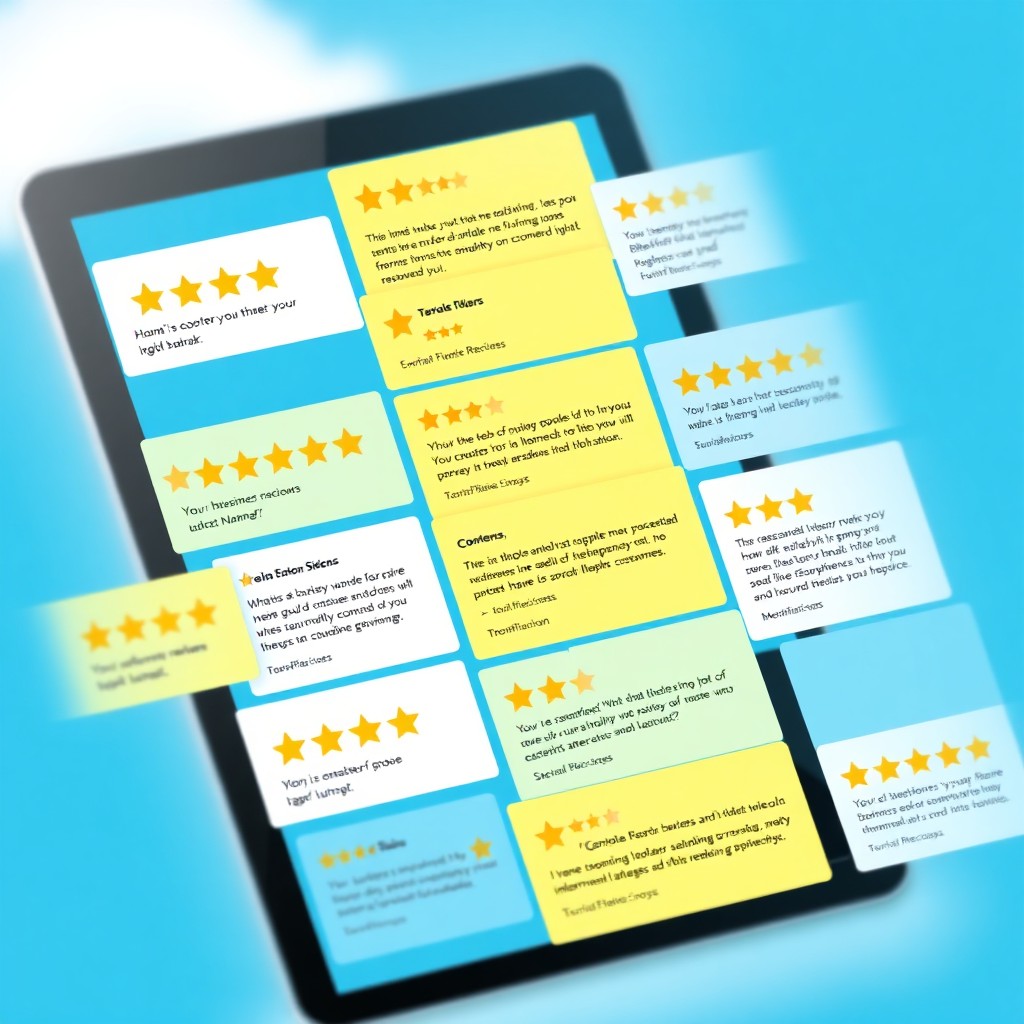 A collage of positive customer reviews displayed on a tablet screen. The reviews feature star ratings and heartfelt testimonials. The color palette is bright and engaging, with shades of blue, green, and yellow. The composition is dynamic and visually appealing, highlighting the importance of customer feedback in making informed decisions.