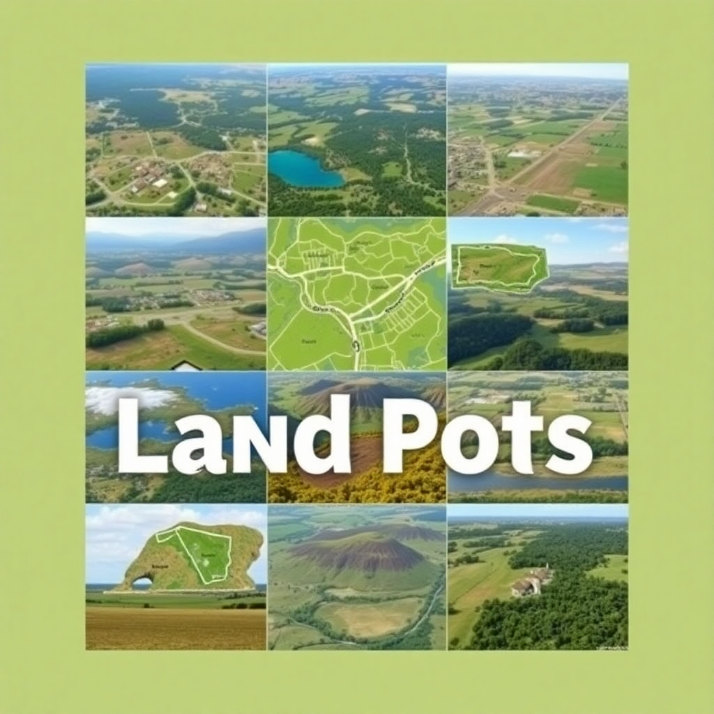 A collage or montage showcasing a variety of different land plots, highlighting their unique features and diverse locations. The image should be visually appealing, showcasing a range of sizes and landscapes.