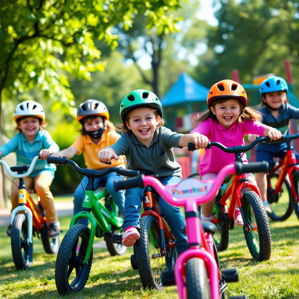 A colorful and playful image of a group of children riding small bikes in a park. The bikes are of different colors and sizes, catering to various age groups. The children are wearing helmets and smiling as they ride. The background features lush greenery and a playground. The lighting should be bright and cheerful, creating a sense of joy and excitement. Focus on capturing the children's expressions and the movement of the bikes. The camera angle should be low, showcasing the children from their perspective. The overall style should be whimsical and fun, conveying the joy of cycling for kids.