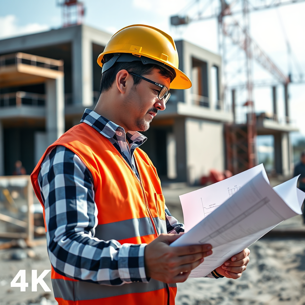 A construction worker reviewing blueprints on a construction site, symbolizing expertise and precision. Use dynamic composition and vibrant colors. 4K, photorealistic.