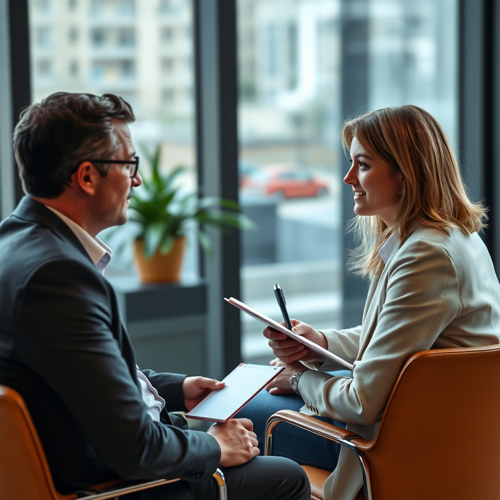 A consultant sitting across from a client, attentively listening and taking notes, emphasizing personalized service. Focus on eye contact and attentive posture. 4K, photorealistic.