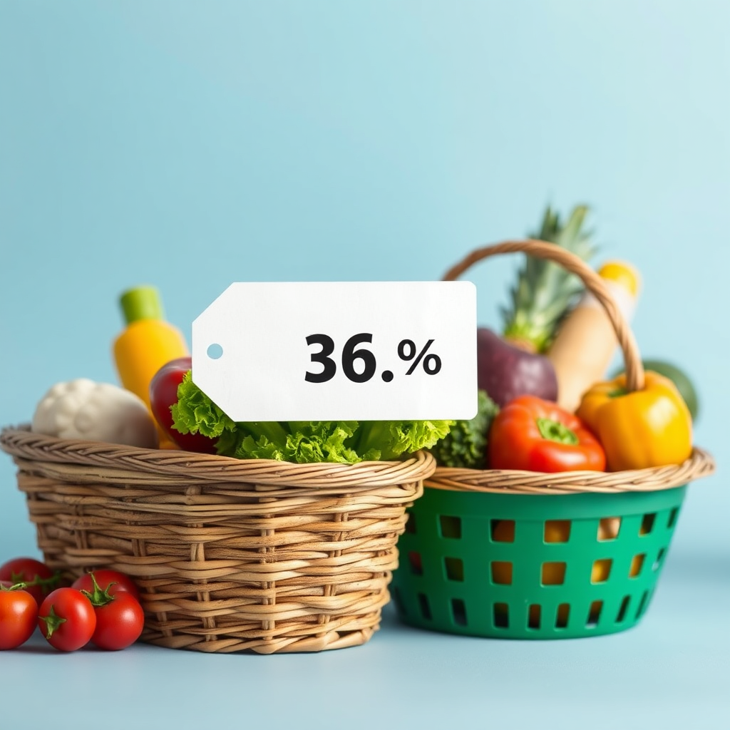 A creative composition showcasing a price tag with a significantly discounted price displayed next to a basket filled with fresh groceries. Use contrasting colors to highlight the savings.
