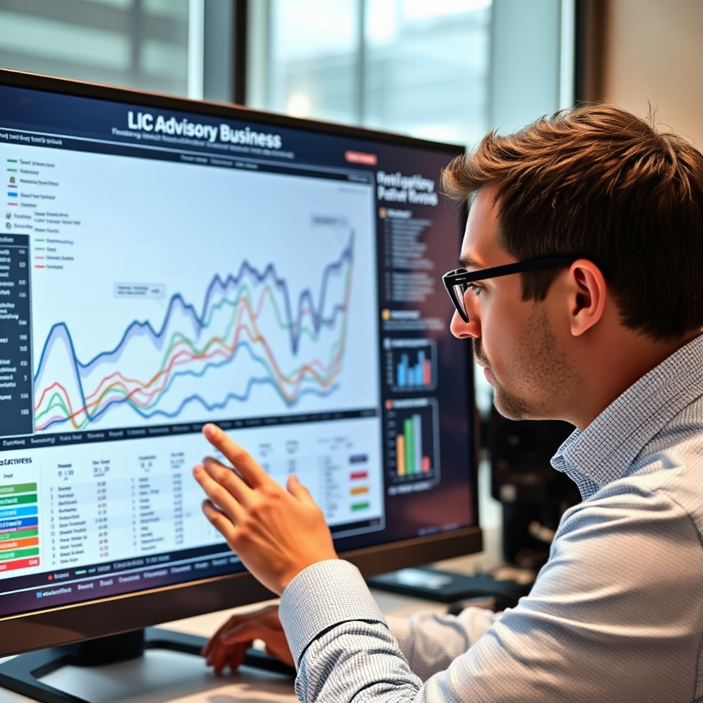 A data analyst examining a complex chart that visualizes the performance of an LIC advisory business. The chart is filled with insights and trends, providing valuable information for decision-making. The analyst is focused and determined, representing the importance of data-driven strategies.