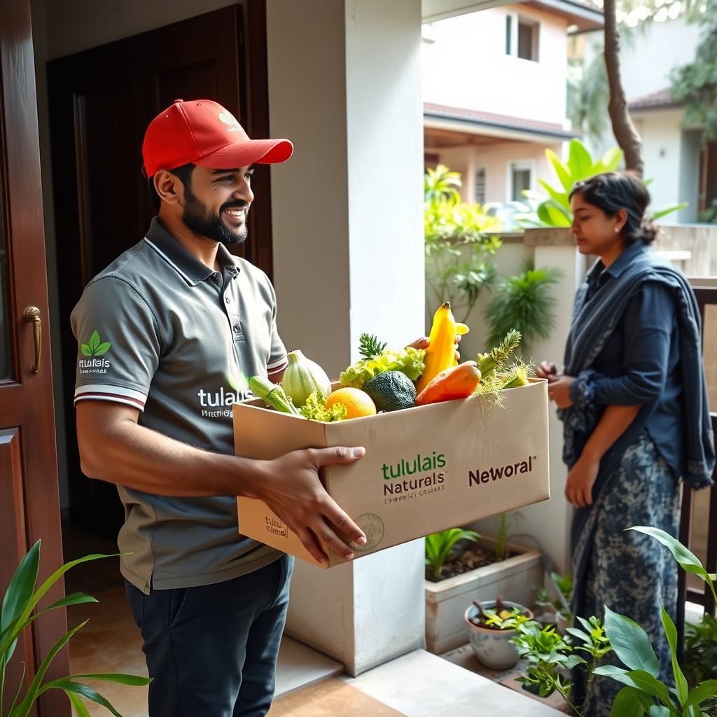 A delivery person in a Tulasi Naturals branded uniform delivering a box of fresh organic produce to a customer at their doorstep. The scene is set in a residential neighborhood in Vizag. The lighting is natural and inviting, emphasizing the convenience of the delivery service. The style is friendly and efficient.