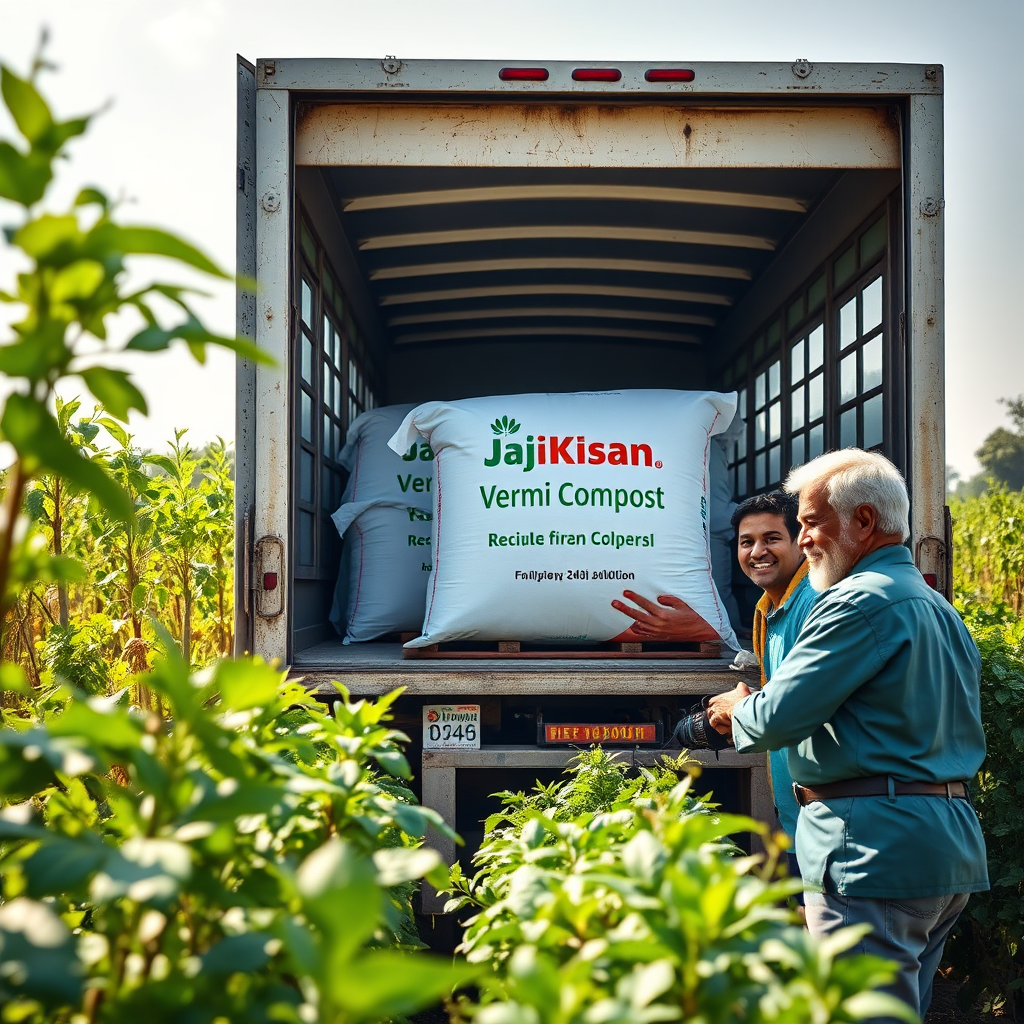 A delivery truck with 'Jai Kisan Vermi Compost' branding arriving at a farm, with smiling farmers receiving the shipment. Focus on a sense of convenience and reliability. Bright daylight. 4K resolution.