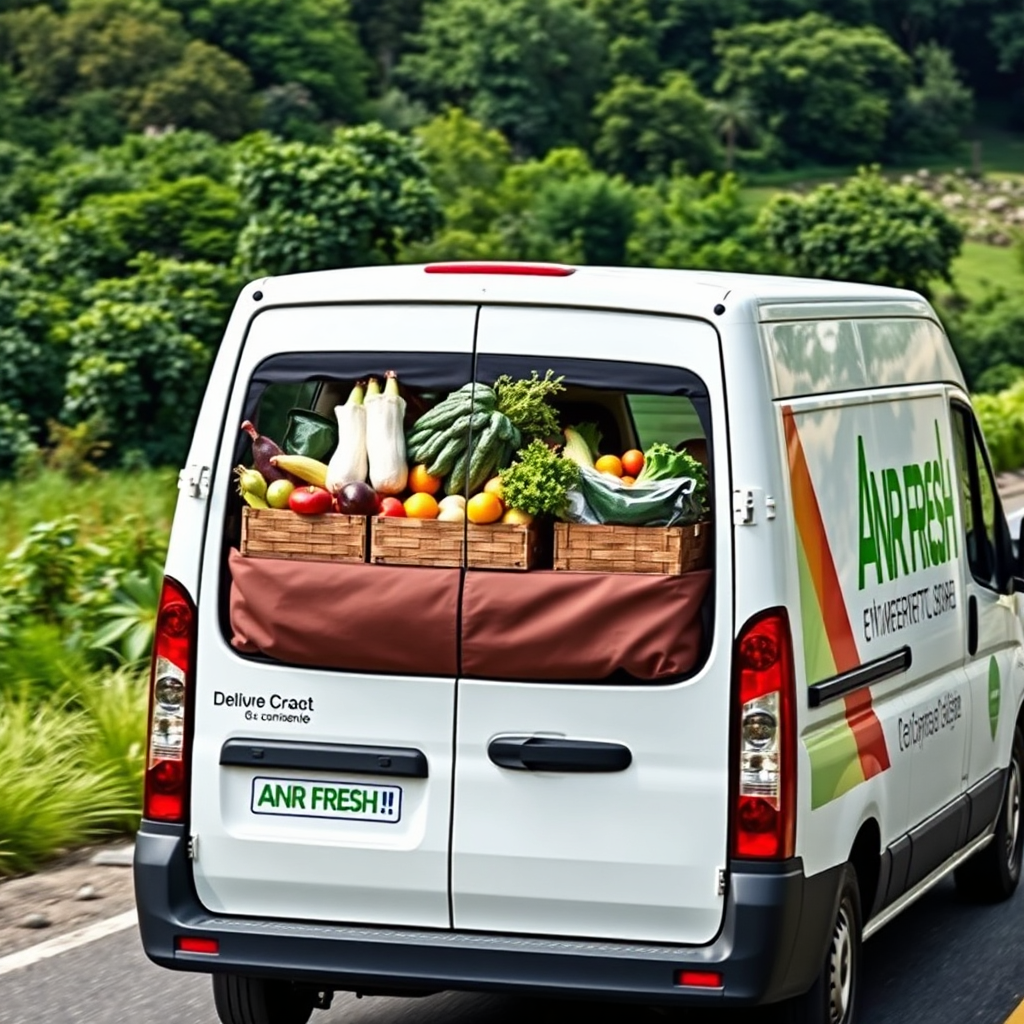 A delivery van with the ANR FRESH logo driving through a lush green landscape, filled with fresh produce in the back. Capture the essence of freshness and convenience.