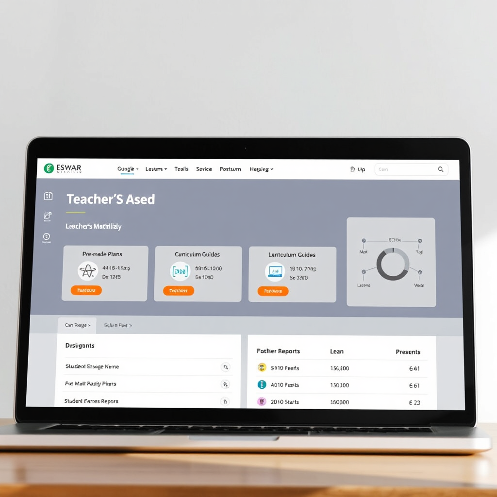 A digital interface showing a teacher's dashboard within the Eswar Online Material platform. The dashboard features pre-made lesson plans, curriculum guides, and student progress reports. The layout is clean and intuitive, with easy-to-use navigation. Use a professional and modern design aesthetic. Soft, diffused lighting.