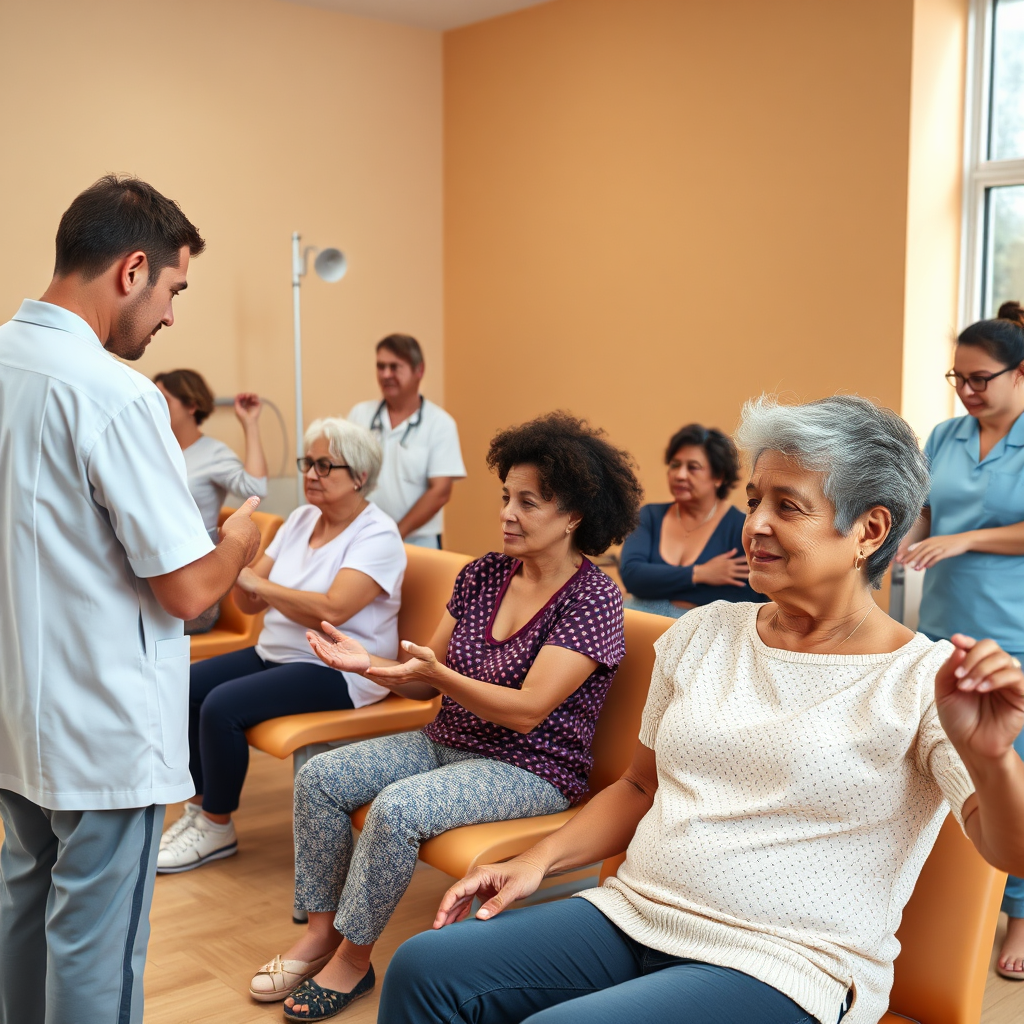 A diverse group of patients participating in different physiotherapy exercises, overseen by physiotherapists. Showcase the range of treatments and the supportive environment. Lighting should be bright and encouraging. Color palette: Warm, inclusive colors. Camera angle: Wide shot, showing the variety of activities. Style: Active, inclusive medical imagery. Technical Specs: 4K, High-quality.