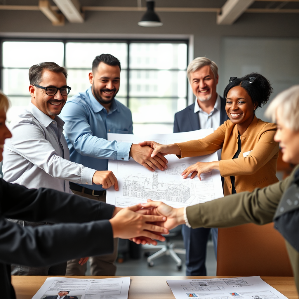 A diverse group of people of different age groups, shaking hands over a set of building plans, showcasing collaboration and trust. The setting is a modern office with natural light. Focus on hands and positive expressions. 4K, photorealistic.