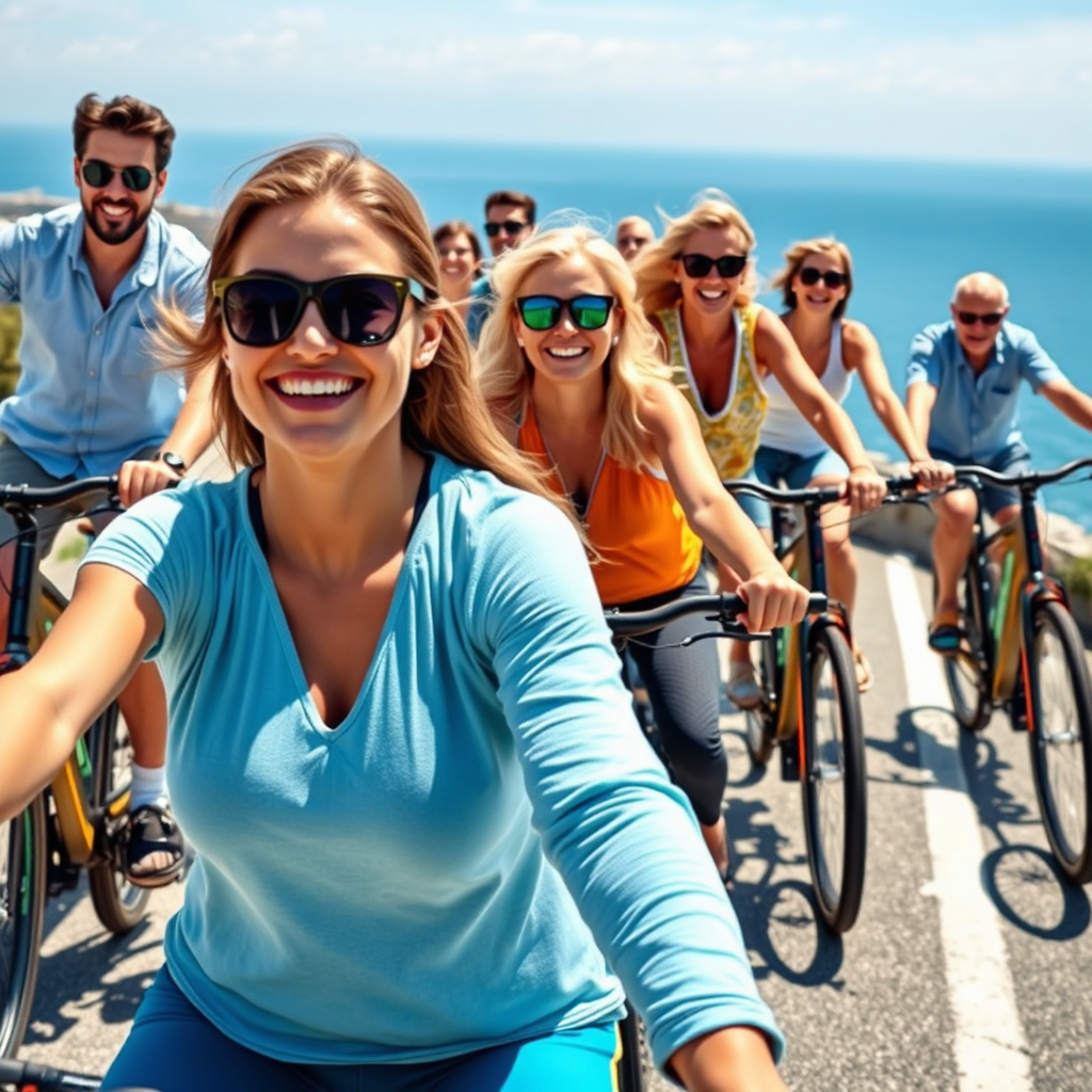 A dynamic image of a diverse group of people (young adults, seniors, etc.) riding electric bikes along a scenic coastal road. The bikes are sleek and modern, with integrated batteries and comfortable seats. The background features stunning ocean views and clear blue skies. The lighting should be warm and sunny, creating a sense of freedom and adventure. Focus on capturing the smiles and expressions of joy on the riders' faces. The camera angle should be slightly high, showcasing the group riding in formation. Use a wide-angle lens to capture the expansive scenery. The overall style should be energetic and vibrant, conveying the excitement and convenience of electric bikes.