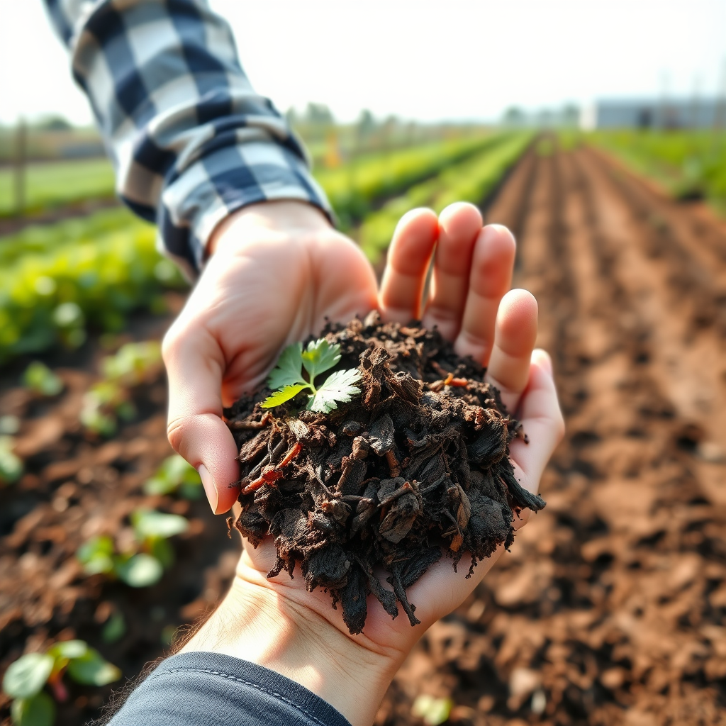 A farmer's hands gently holding nutrient-rich vermicompost, with a backdrop of a flourishing organic farm. Focus on texture and earthy tones. Lighting is soft, natural sunlight. 4K resolution, photorealistic.