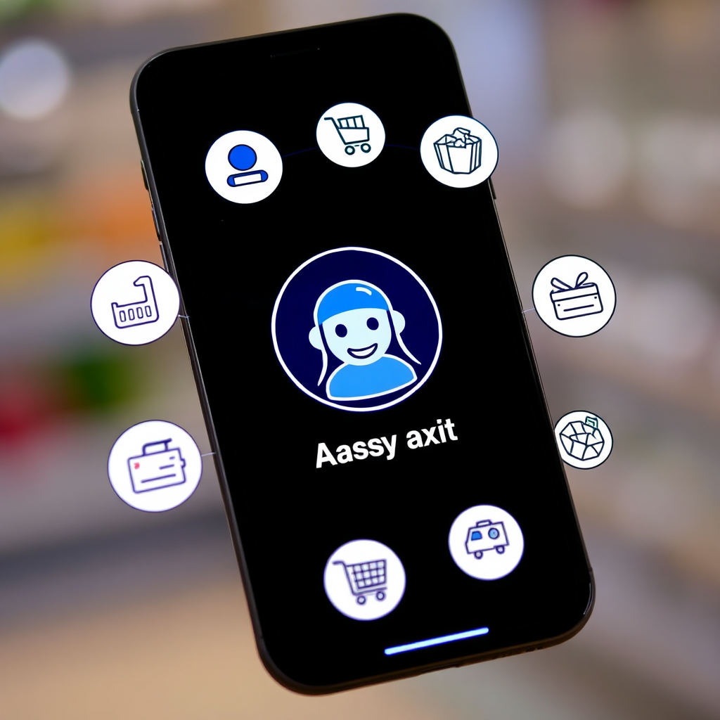 A friendly and helpful AI assistant icon displayed on a smartphone screen, surrounded by grocery shopping related icons. Use a clean and modern design with soft, blue lighting.