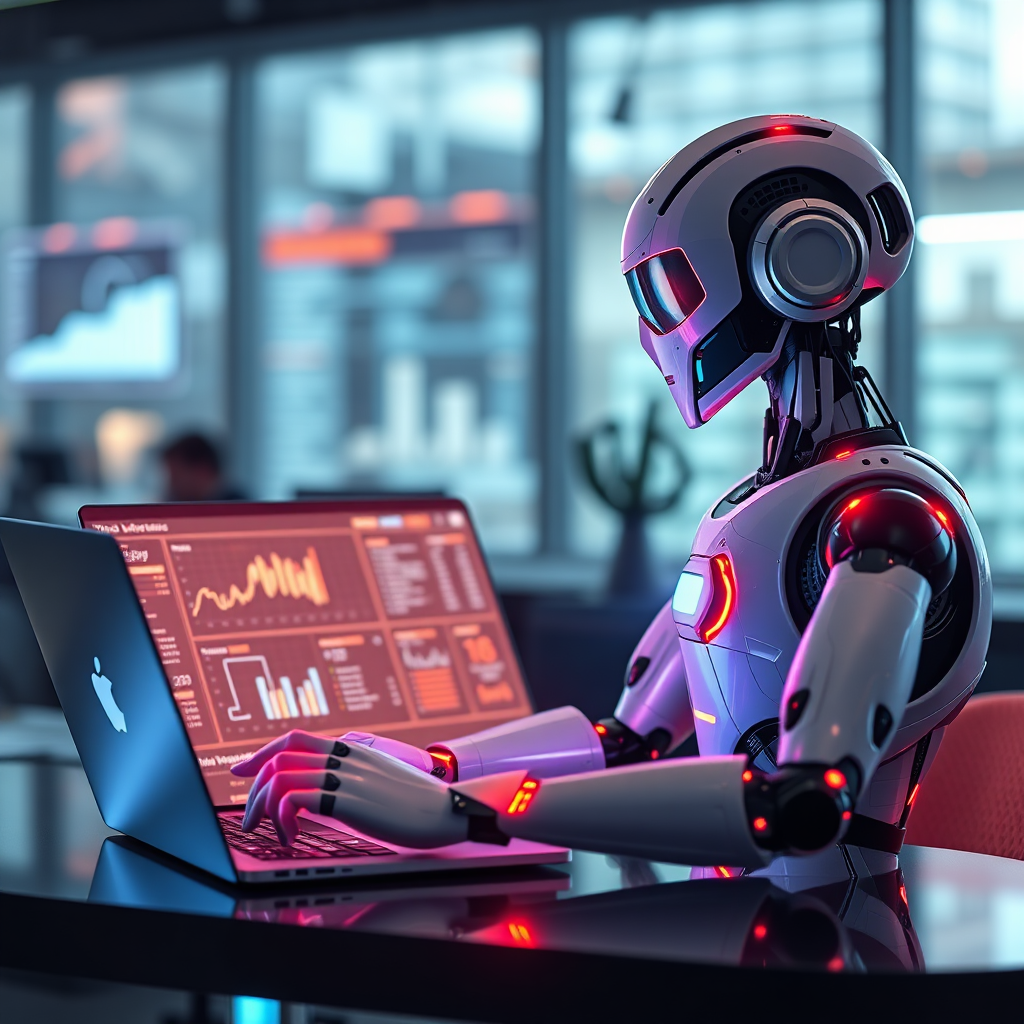 A futuristic AI robot assisting a small business owner with their marketing campaign on a laptop. Glowing interface, data visualizations, dynamic composition. 4K.