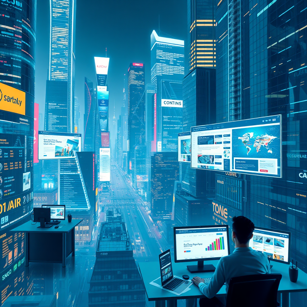 A futuristic cityscape with digital screens displaying various business applications and websites. Developers are working on these applications in the background. The scene is innovative and high-tech. 4K resolution.