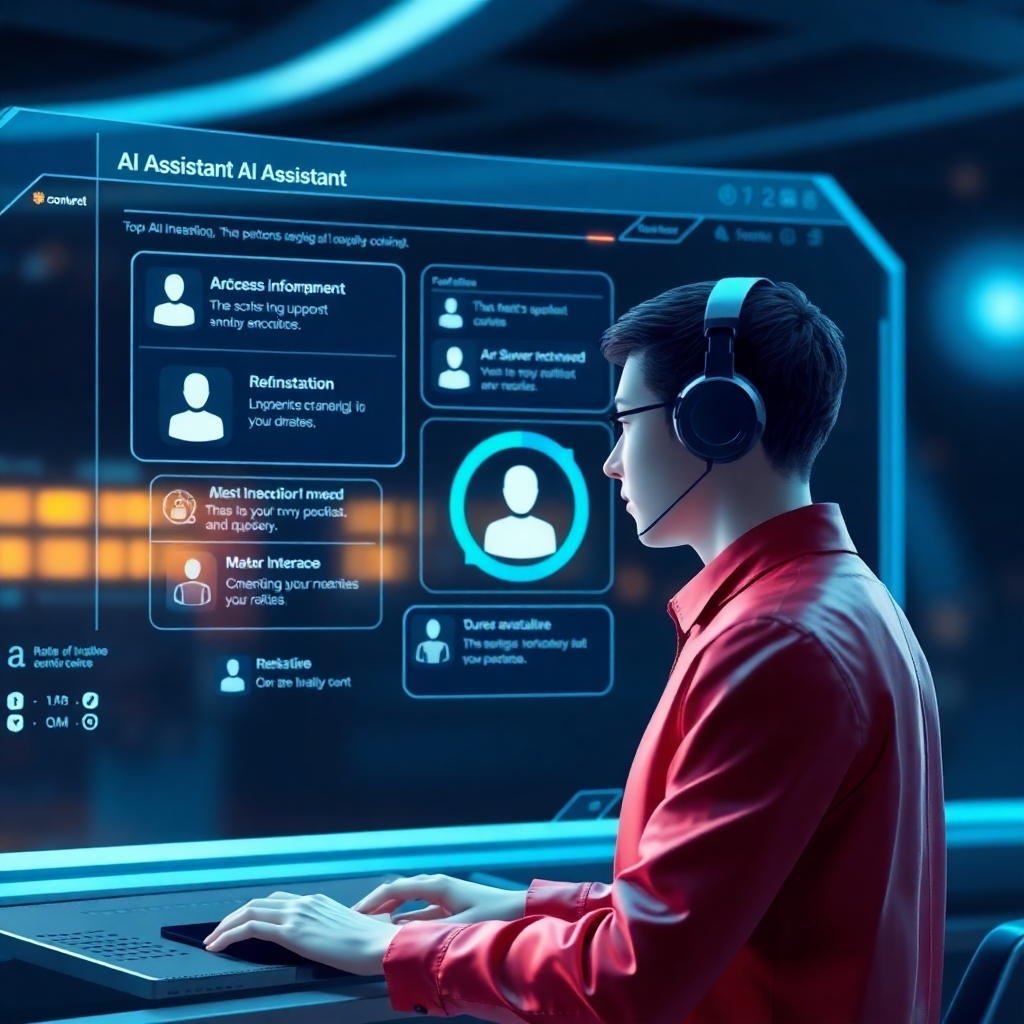 A futuristic image depicting an AI assistant interface, providing information and support to a user. The image should use a modern, clean style, emphasizing user-friendliness and responsiveness.