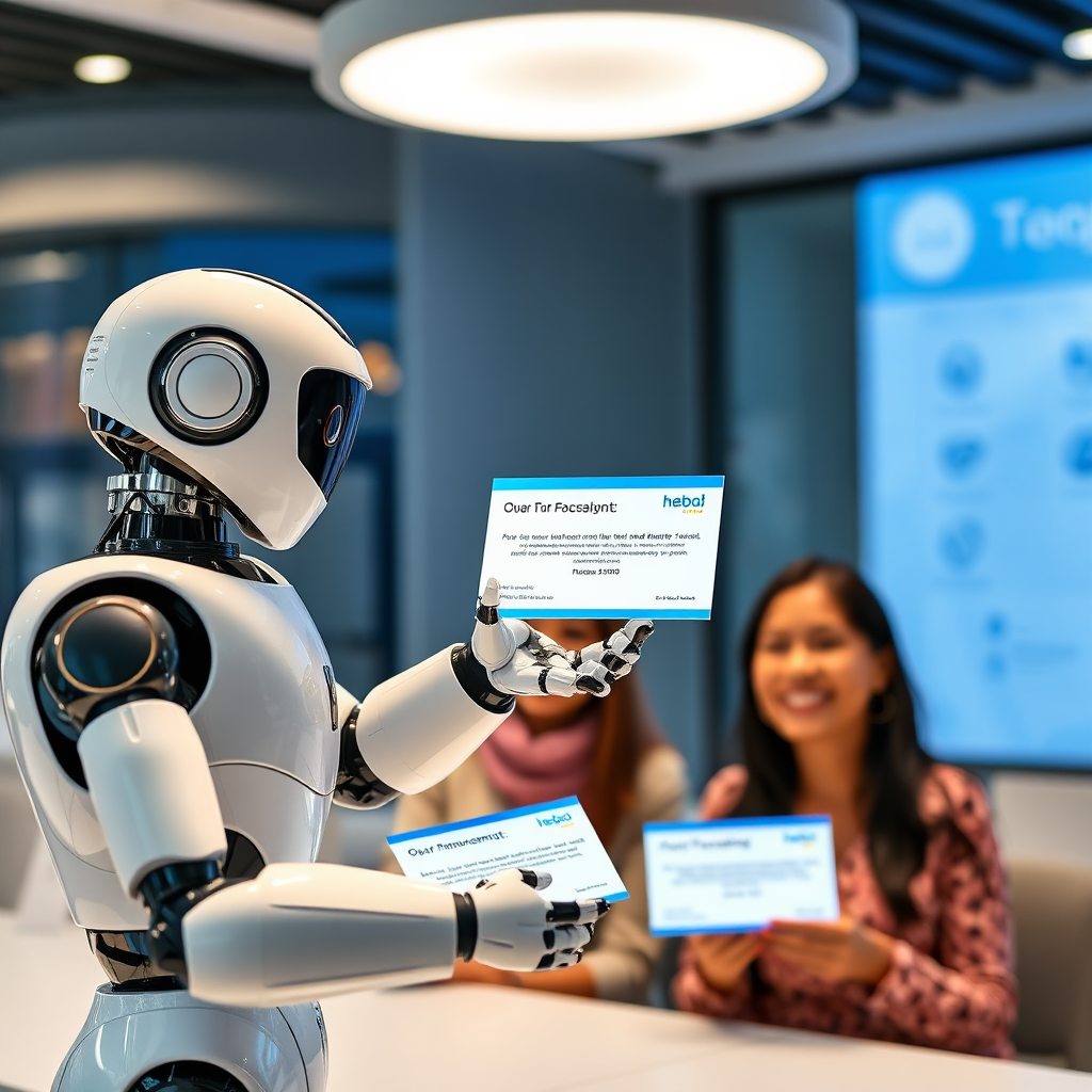 A futuristic robot handing out personalized announcements to happy clients. The robot is sleek and modern, representing efficiency and innovation. The clients are diverse and smiling, conveying a sense of satisfaction. The background is a clean and professional environment.