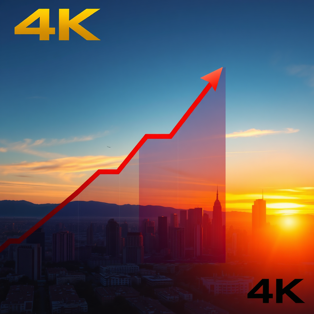 A graph showing an upward trend, superimposed on a cityscape at sunset, symbolizing growth and prosperity. Use vibrant colors and dynamic composition to convey success. 4K, stylized.