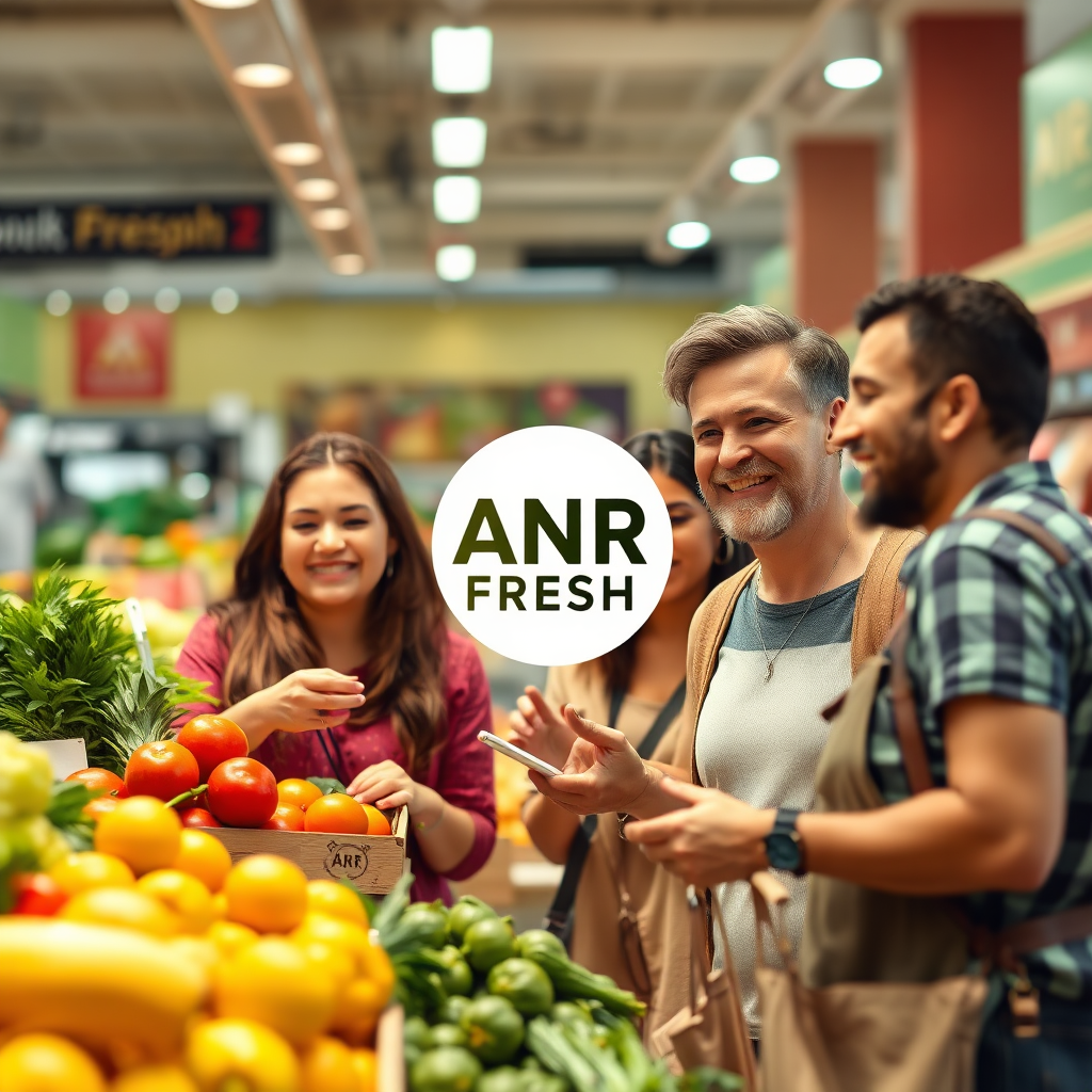 A group of happy customers enjoying a shopping experience at ANR FRESH. Use a warm and inviting color palette to emphasize the positive experience. The ANR FRESH logo should be subtly displayed in the background.