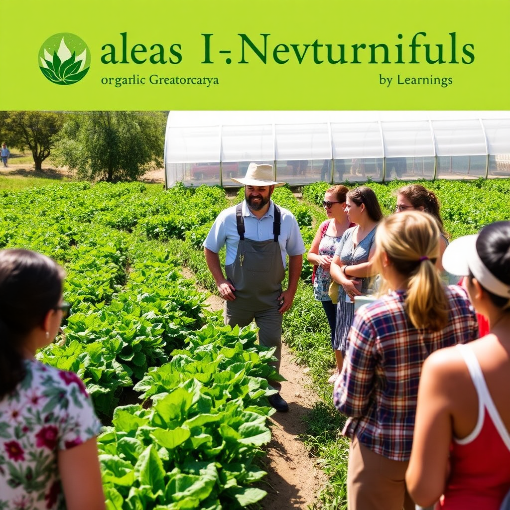 A group of people touring the Tulasi Naturals organic farm, guided by a knowledgeable farmer. The scene includes lush green fields, healthy crops, and interactive learning experiences. The lighting is bright and natural, emphasizing the educational and engaging aspects of the farm visit. The style is informative and experiential.