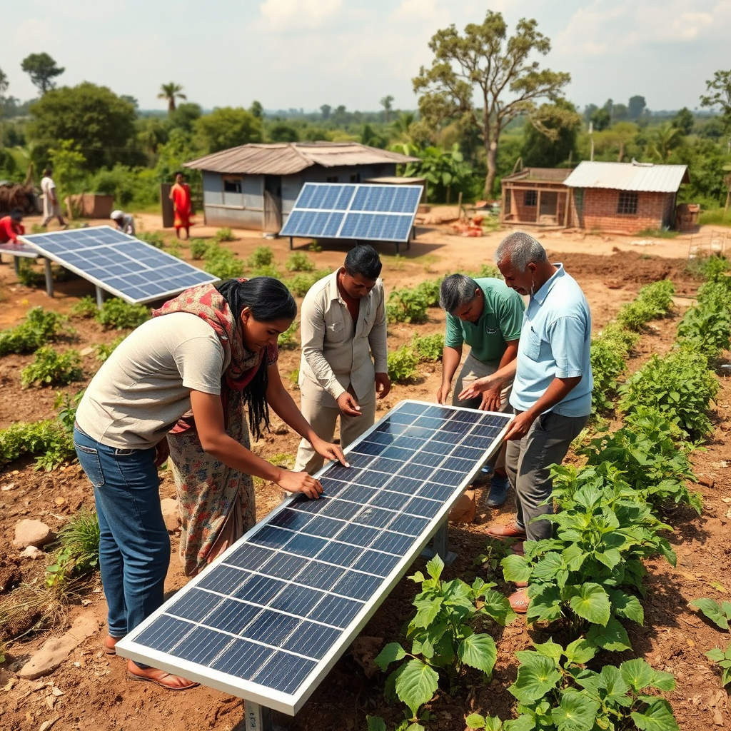 A group of people working on a sustainable development project, such as a solar panel installation or a community garden. The setting is a rural or urban area with a focus on sustainability. The focus is on the positive impact of the project. Natural lighting, wide shot, 4K resolution.