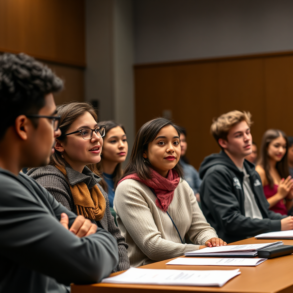 A group of young people participating in a debate or public forum. The setting is a town hall or community center. The focus is on the participants' passion and commitment to civic engagement. Professional lighting, medium shot, 4K resolution.