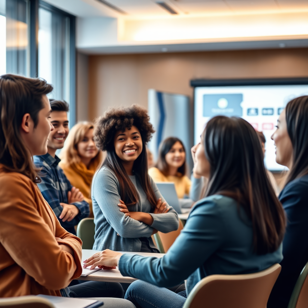 A group of young professionals confidently participating in a career workshop. The setting is a modern conference room with a presentation screen in the background. The focus is on the interaction and engagement of the participants. Bright, professional lighting, medium shot, 4K resolution.