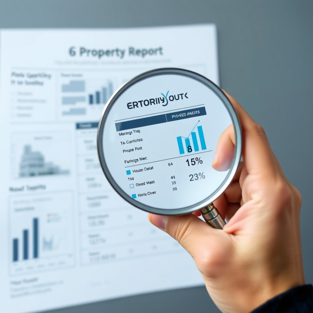 A hand holding a magnifying glass over a property report, highlighting key valuation metrics. Use clean, professional design. 4K, stylized.