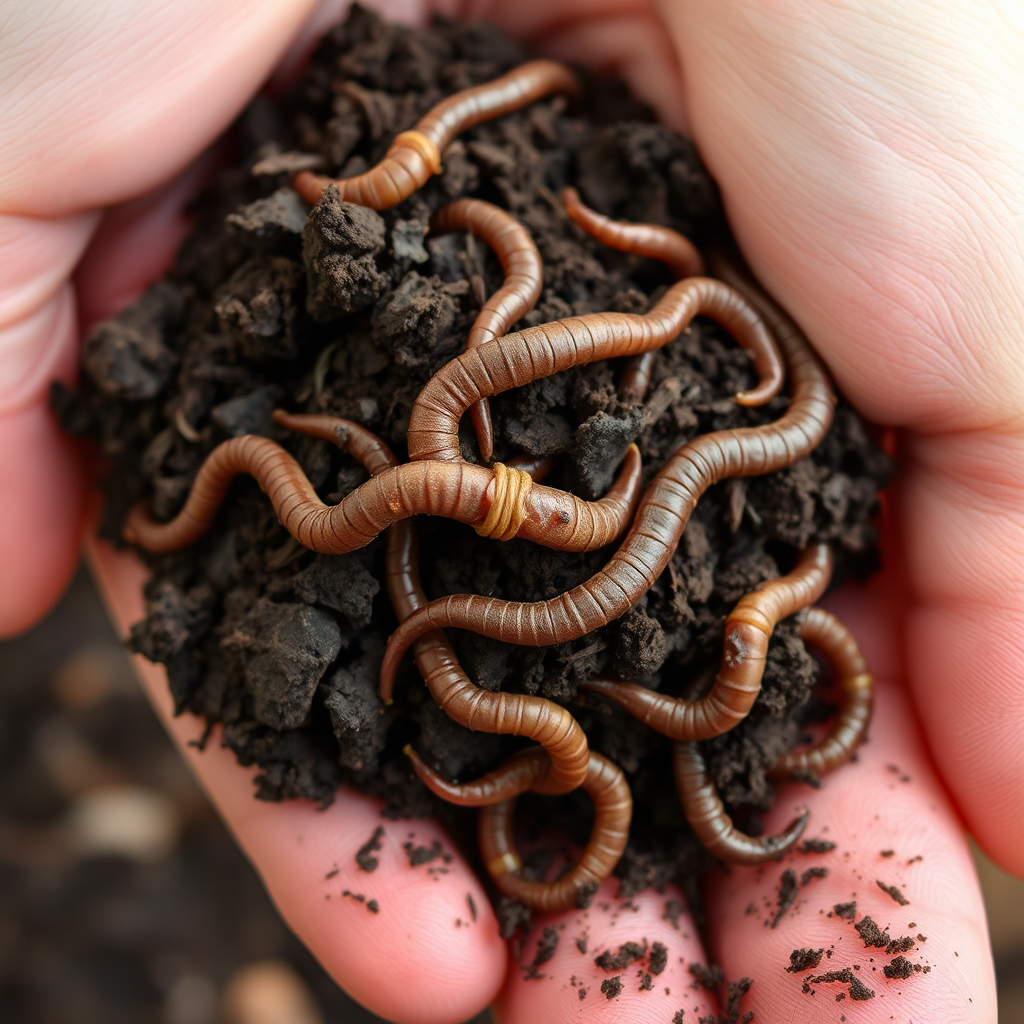 A handful of rich, dark vermicompost with earthworms visible, conveying the health and vitality of the product. Soft, natural lighting. 4K resolution.