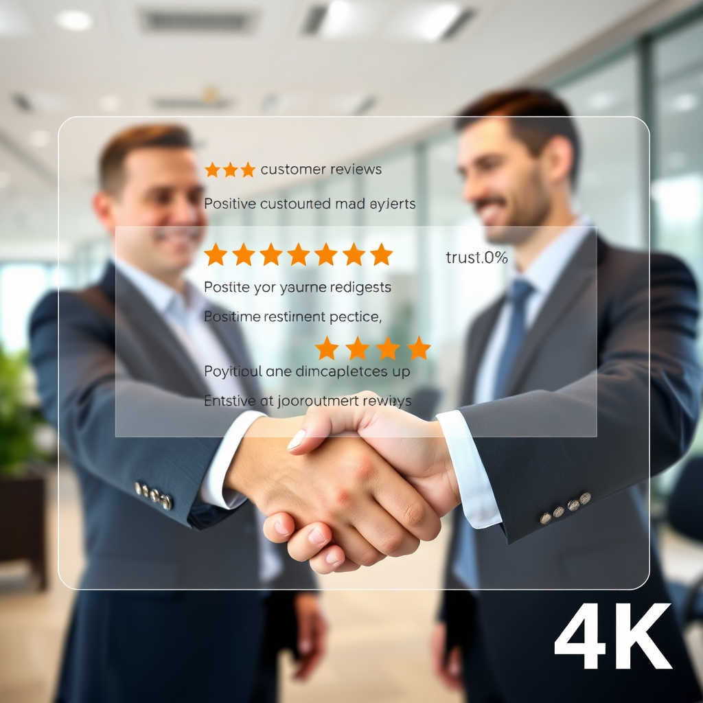 A handshake between two individuals, with a transparent overlay displaying positive customer reviews and trust symbols. The background is a professional office setting. 4K resolution.