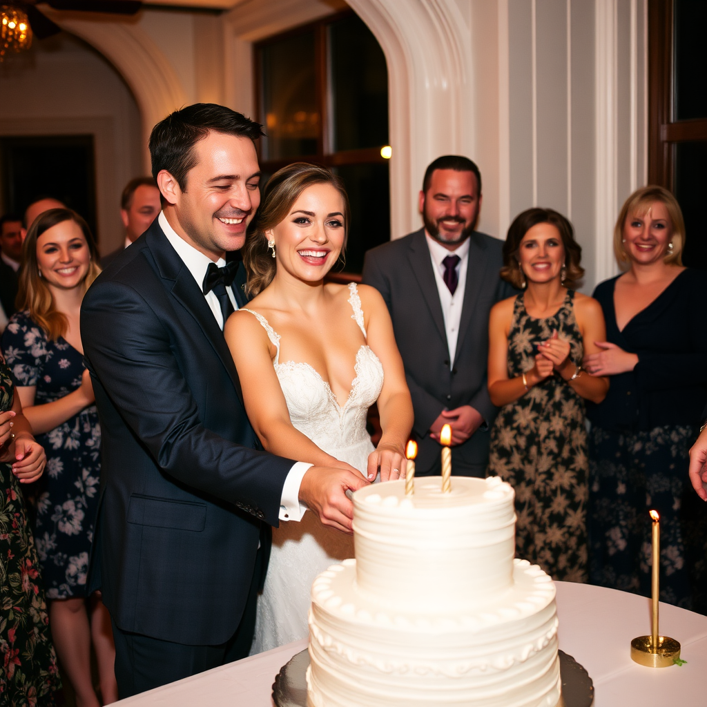 Couple cutting wedding cake