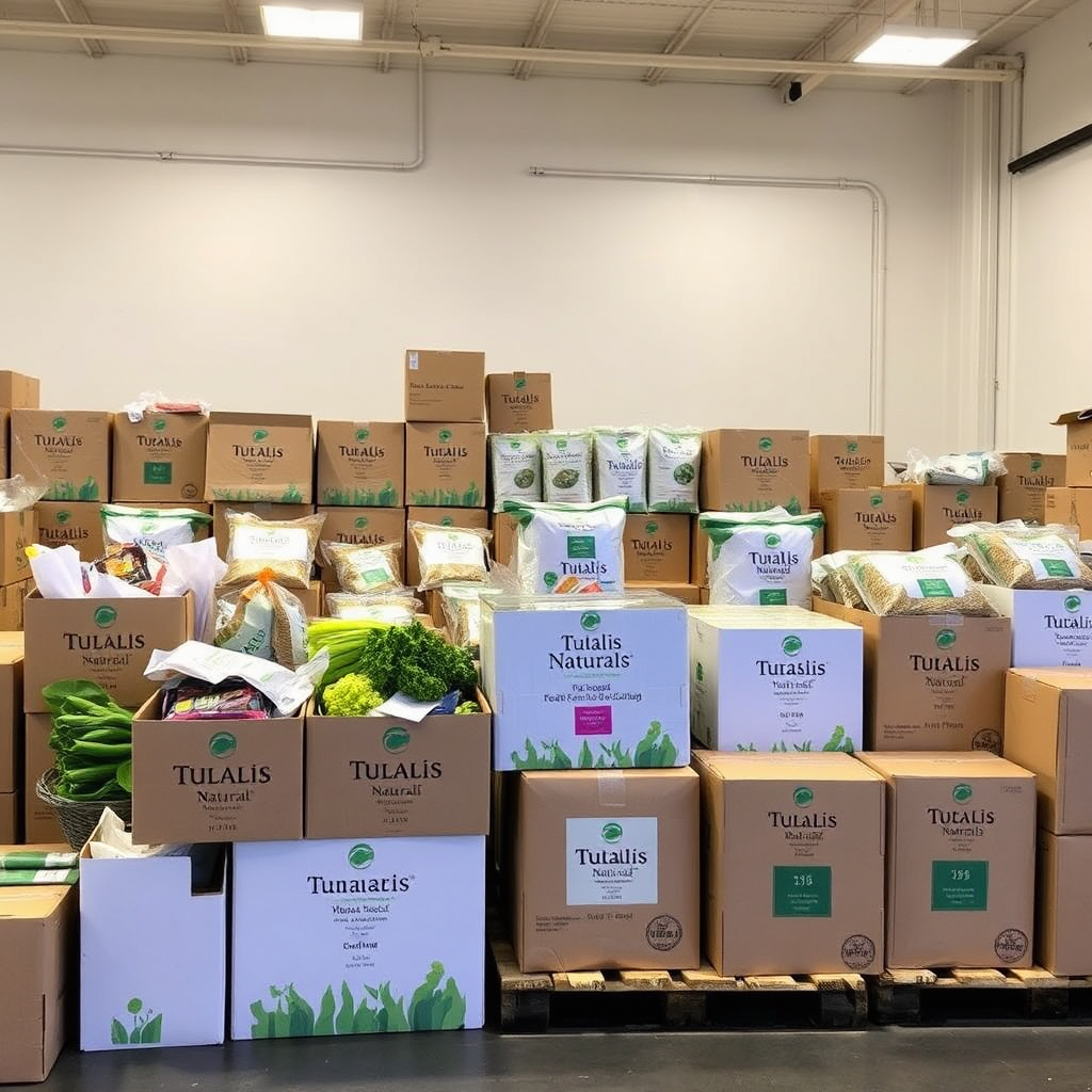 A large order of Tulasi Naturals organic products being prepared for shipment. The scene includes boxes of fresh produce, grains, and other essentials, neatly organized and ready for delivery. The lighting is bright and efficient, emphasizing the scale and reliability of the bulk order service. The style is professional and trustworthy.