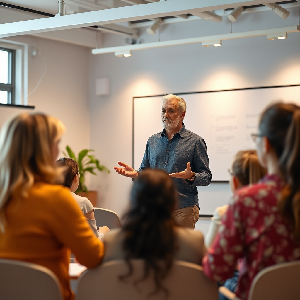A life coach leading a workshop on goal-setting and personal development. The setting is a bright and motivational space. Focus on the positive energy and engagement of the participants. Uplifting lighting, 4K resolution.