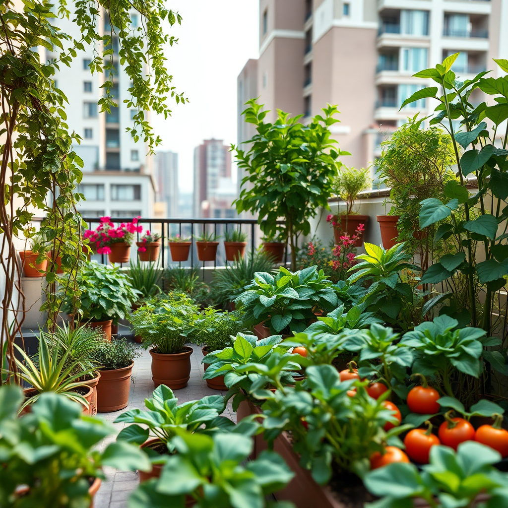 A lush, thriving terrace garden in an urban setting, showcasing the vibrant plants and vegetables grown using organic fertilizers. Soft, warm lighting. 4K resolution.